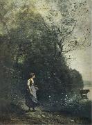 Jean Baptiste Camille  Corot Landscape with a peasant Girl grazing a Cow at the Edge of a Forest